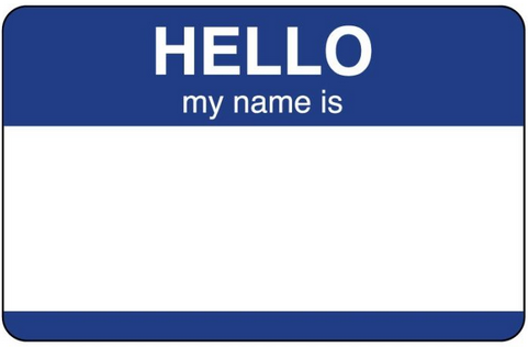 A blue "Hello, my name is" sticker